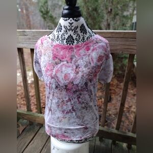 Cato Pink and Gray Floral Short Sleeve Top